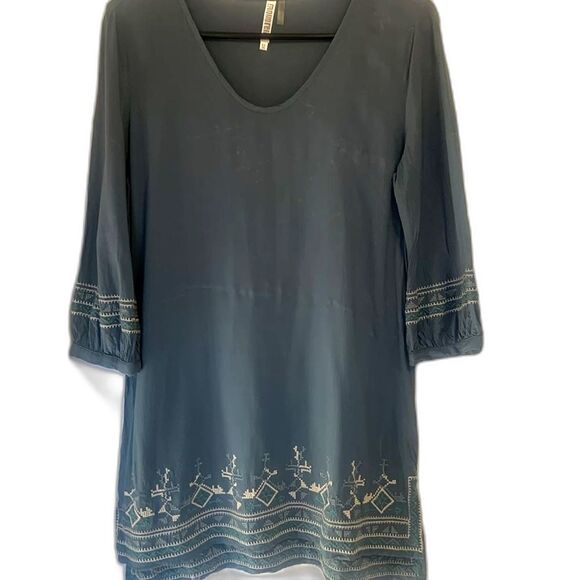 Boho Dress Anthropologie Monoreno Blue Embroidered Tunic Women's Medium Hippie - Picture 2 of 7